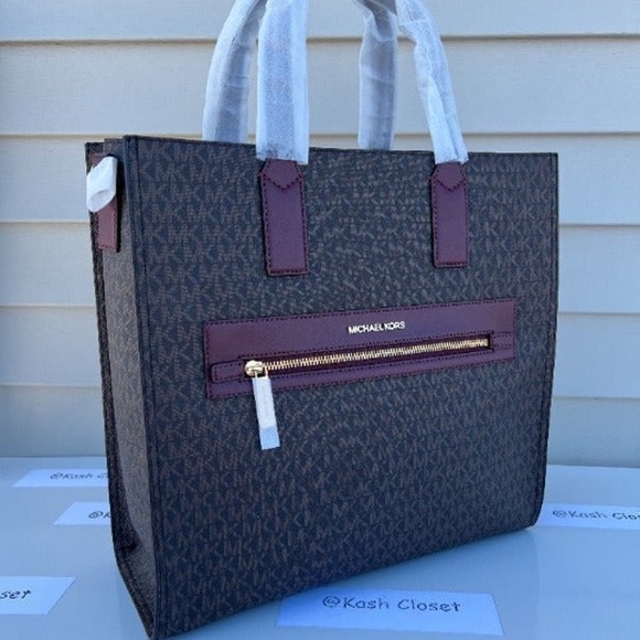 Michael Kors Handbags - Michael Kors Kenly Tote Large MK Signature Purse Bag Merlot Brown